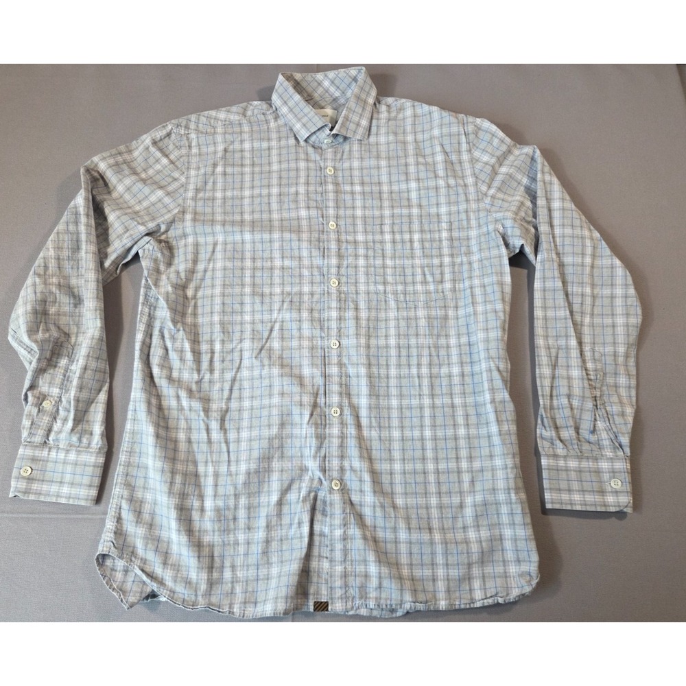 Billy Reid Shirt Mens Medium Gray White Plaid Standard Fit Long Sleeve Polo